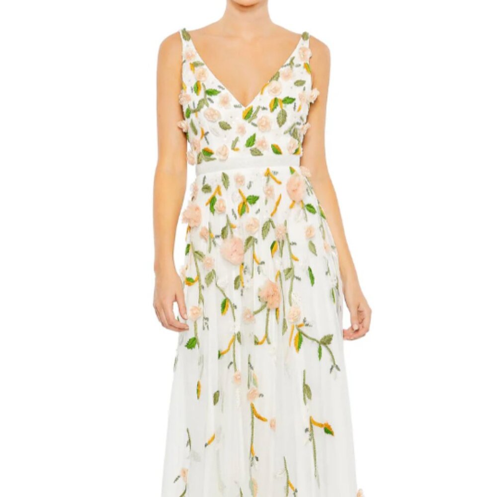 MAC DUGGAL 9171 EMBELLISHED SLEEVELESS V-NECK A-LINE WHITE MULTI GOWN sz 12